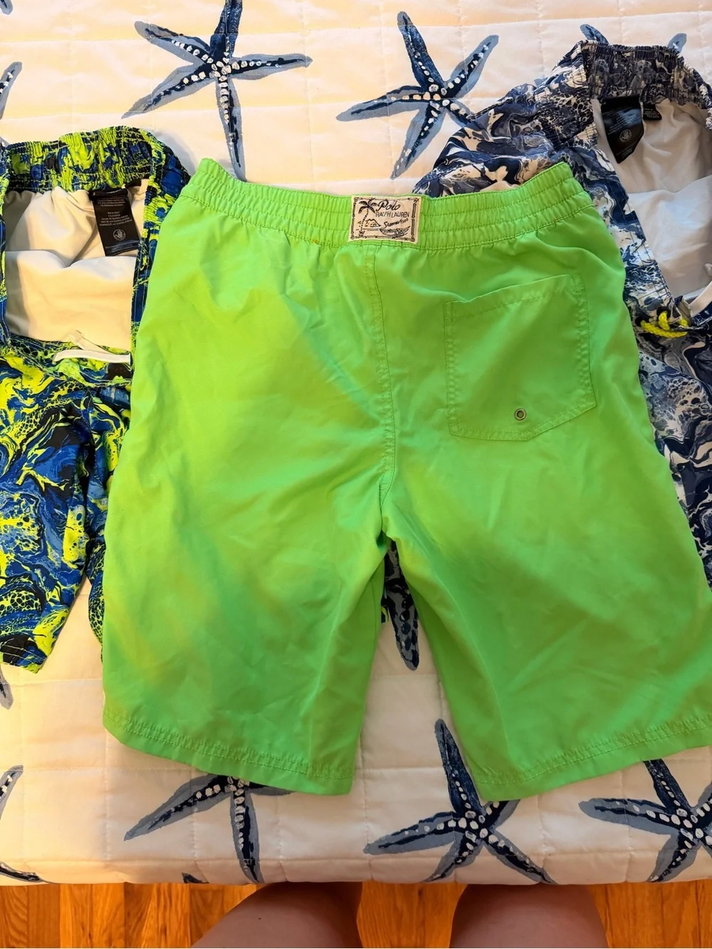 Ralph Lauren Neon Green Swim Shorts with Blue and Navy Patterned Trunks bodyglov